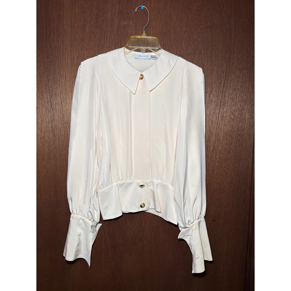 Levante Vintage 100% Silk Blouse Cream Gold Pearl Button Long Cuff Top Size 4